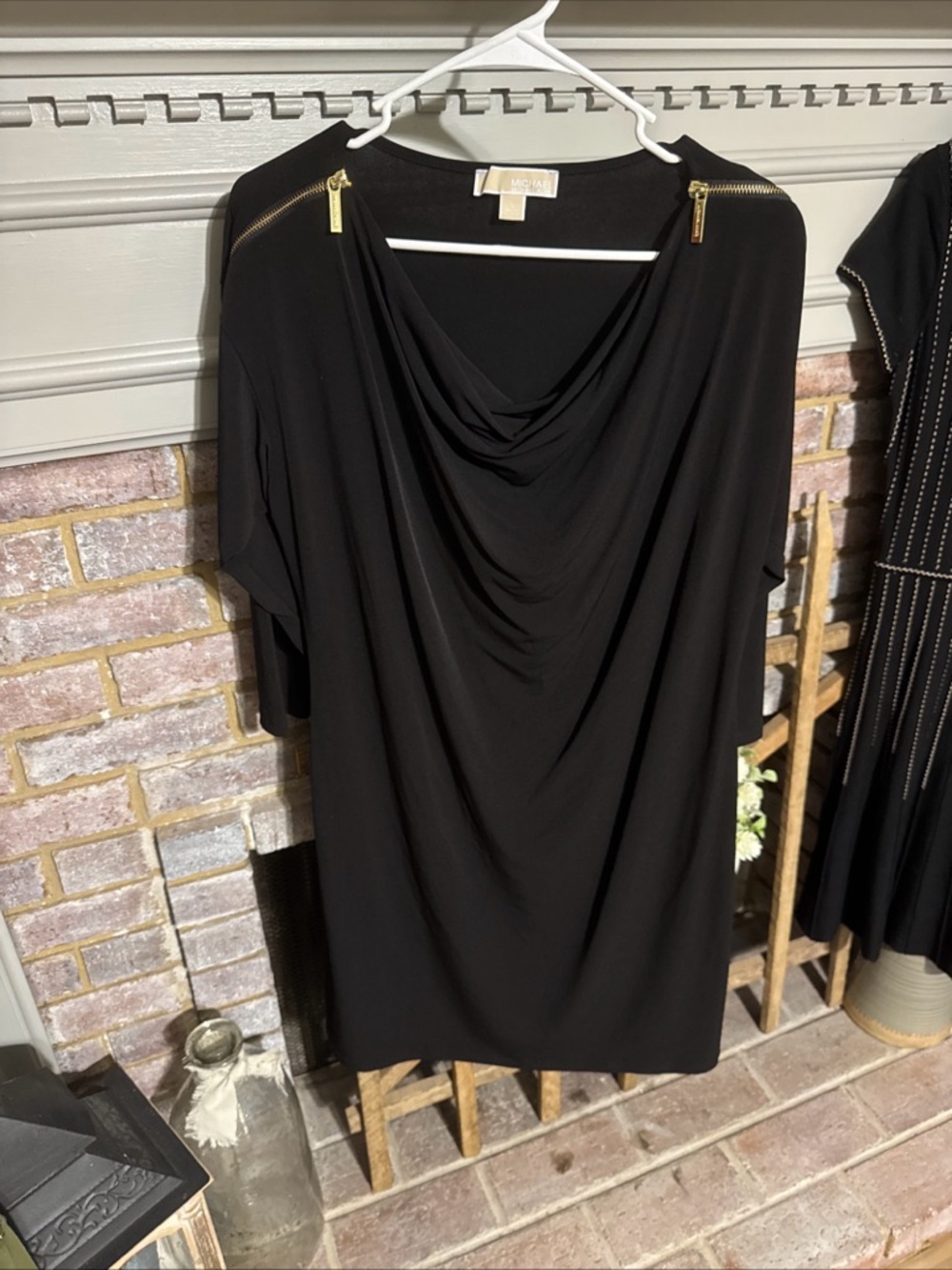 Michael Kors Black Draped Cowl Neck Dress with Gold Zipper Detail